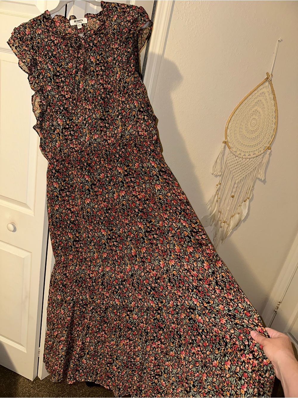 BB Dakota Black Maxi Dress with Pink and Green Floral Pattern
